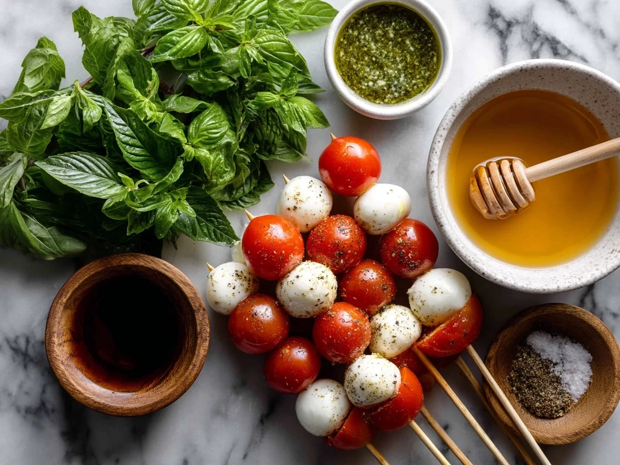 Top-down view of raw ingredients for Red and Green Caprese Skewers arranged on marble in a modern kitchen.