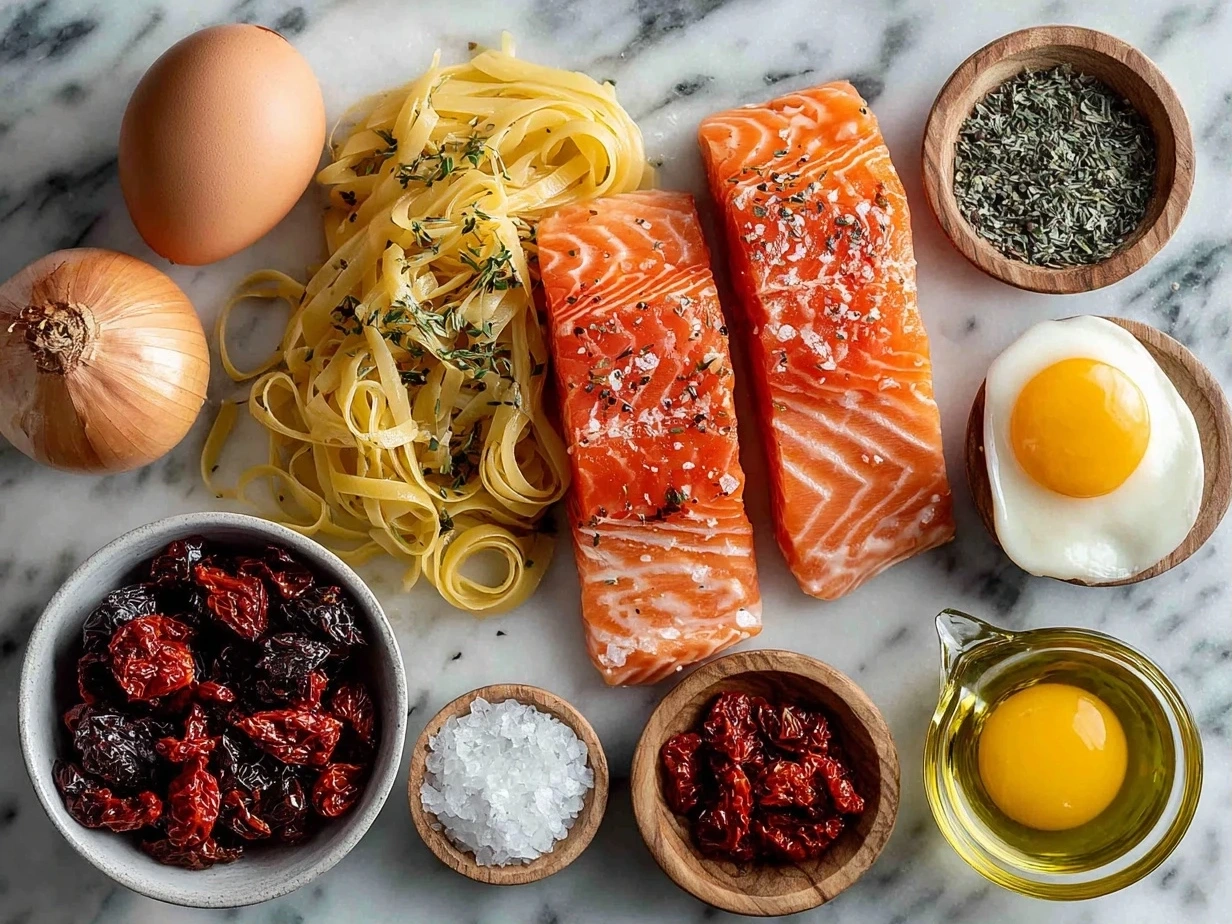 Ingredients for Salmon Pasta Sundried Tomato including pasta, salmon fillet, garlic, onion, sun-dried tomatoes, cream, Parmesan cheese, and fresh herbs