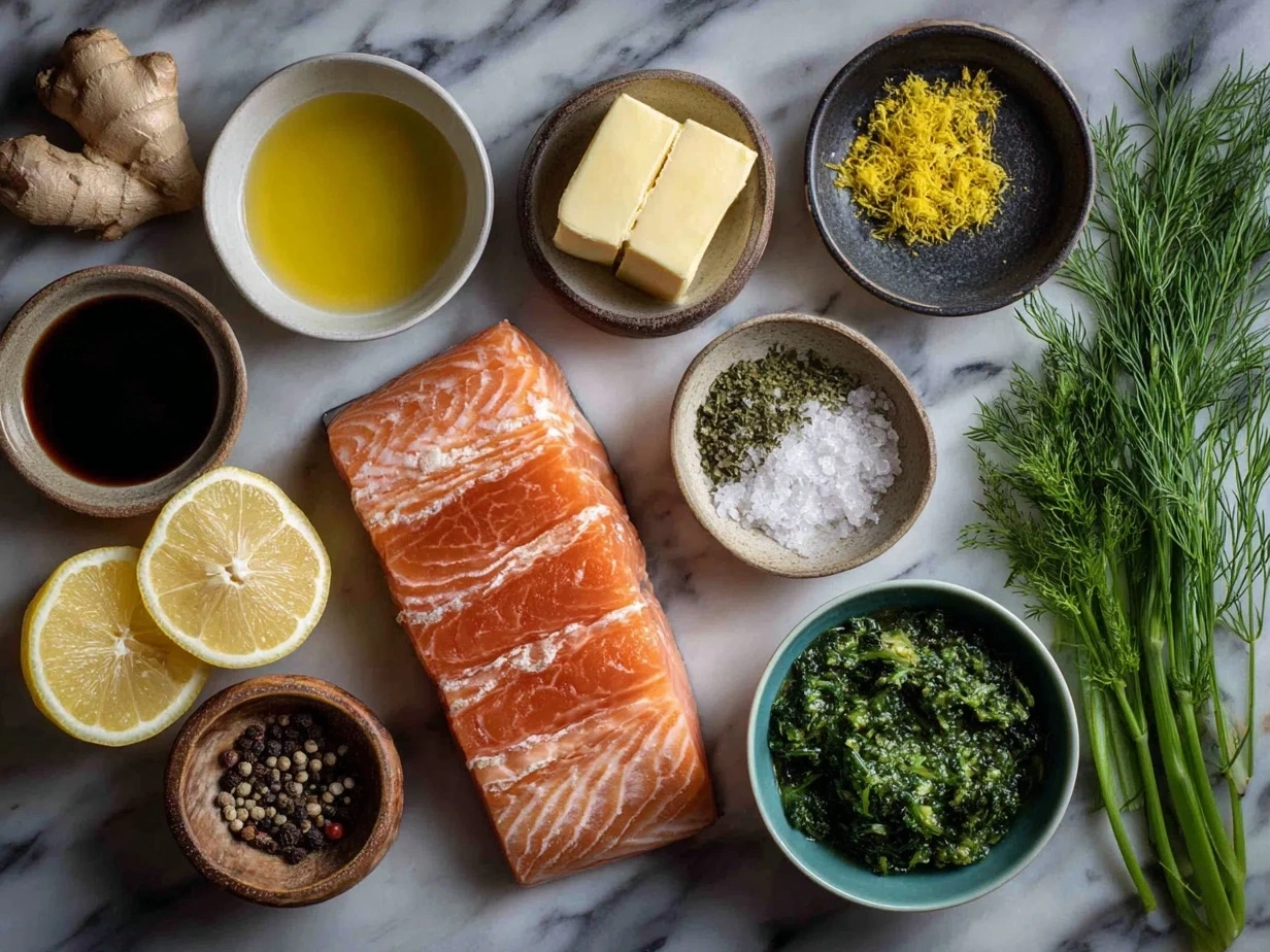 Top down view of raw ingredients for salmon piccata including salmon fillets, lemons, garlic, capers, flour, and olive oil