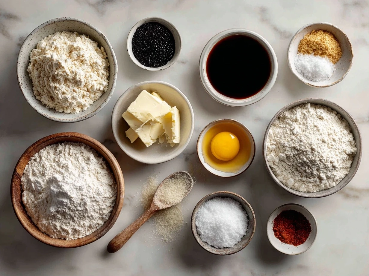 Top-down view of raw ingredients for making sourdough English muffins on a wooden surface