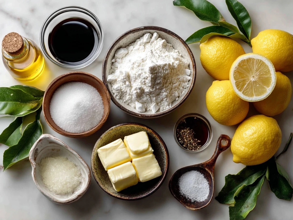 Raw ingredients for Southern Lemon Cake laid out on a marble surface