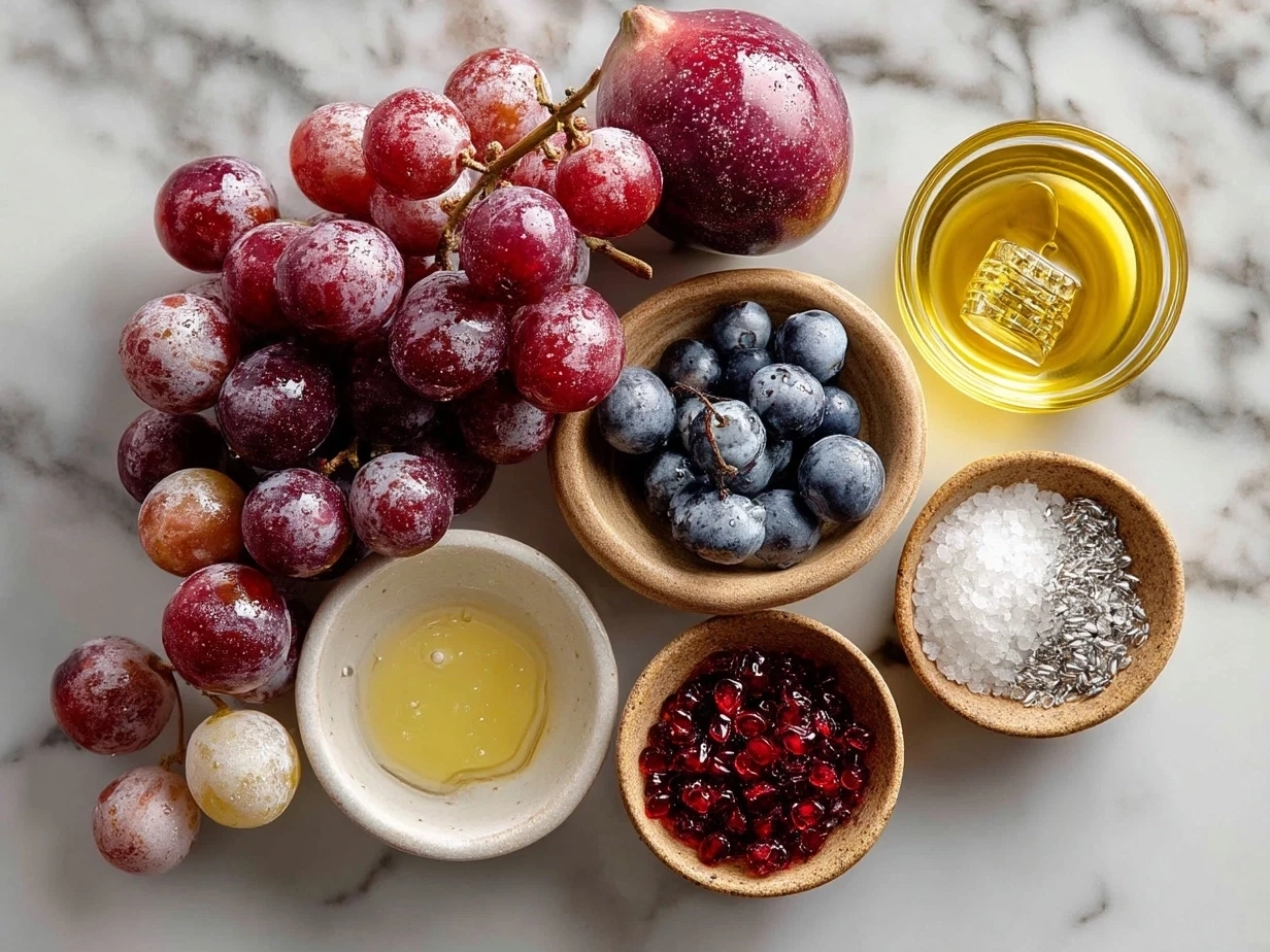 Ingredients for Sparkling Grape and Silver Cracker Platter including grapes, cream cheese, honey, nuts, herbs, and crackers