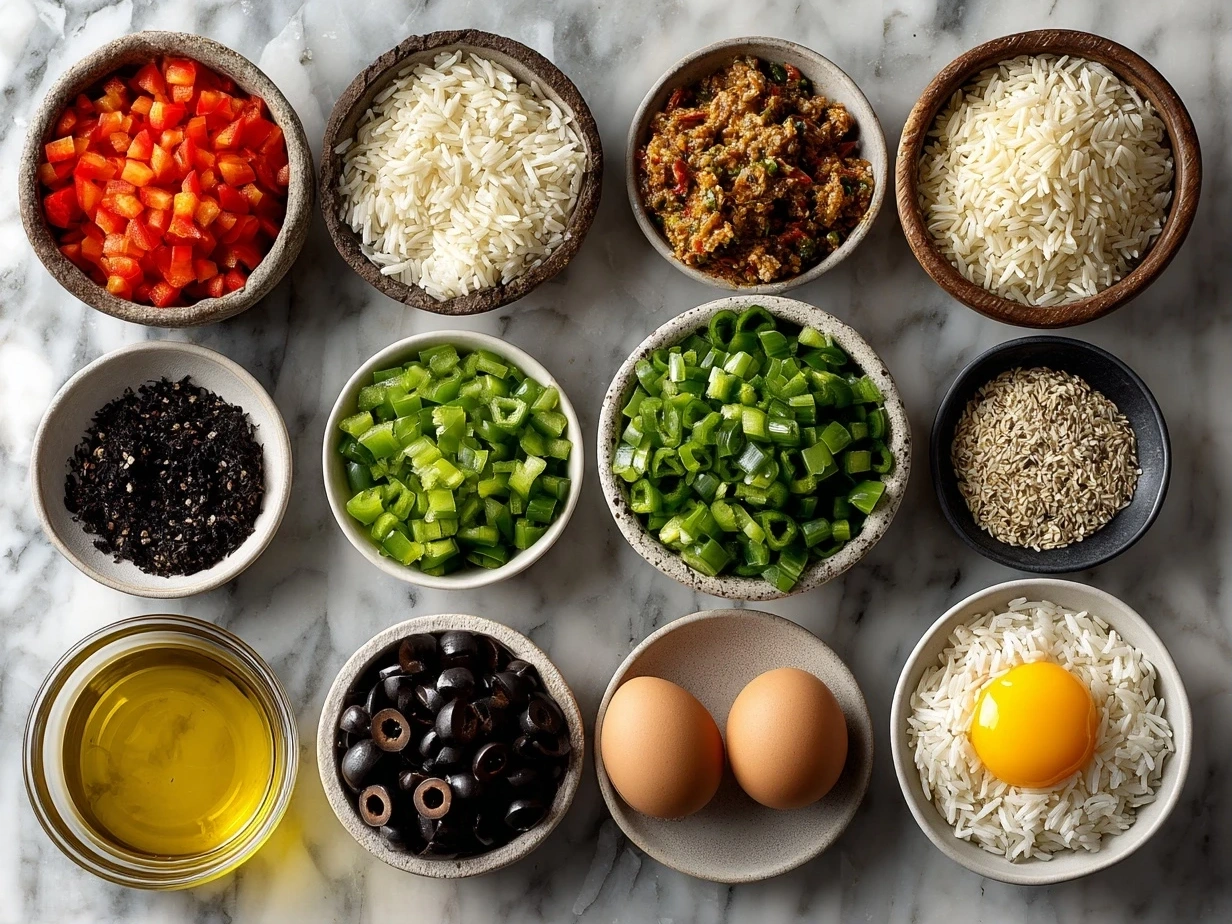Top down raw ingredients for stuffed bell pepper rice boats on marble surface