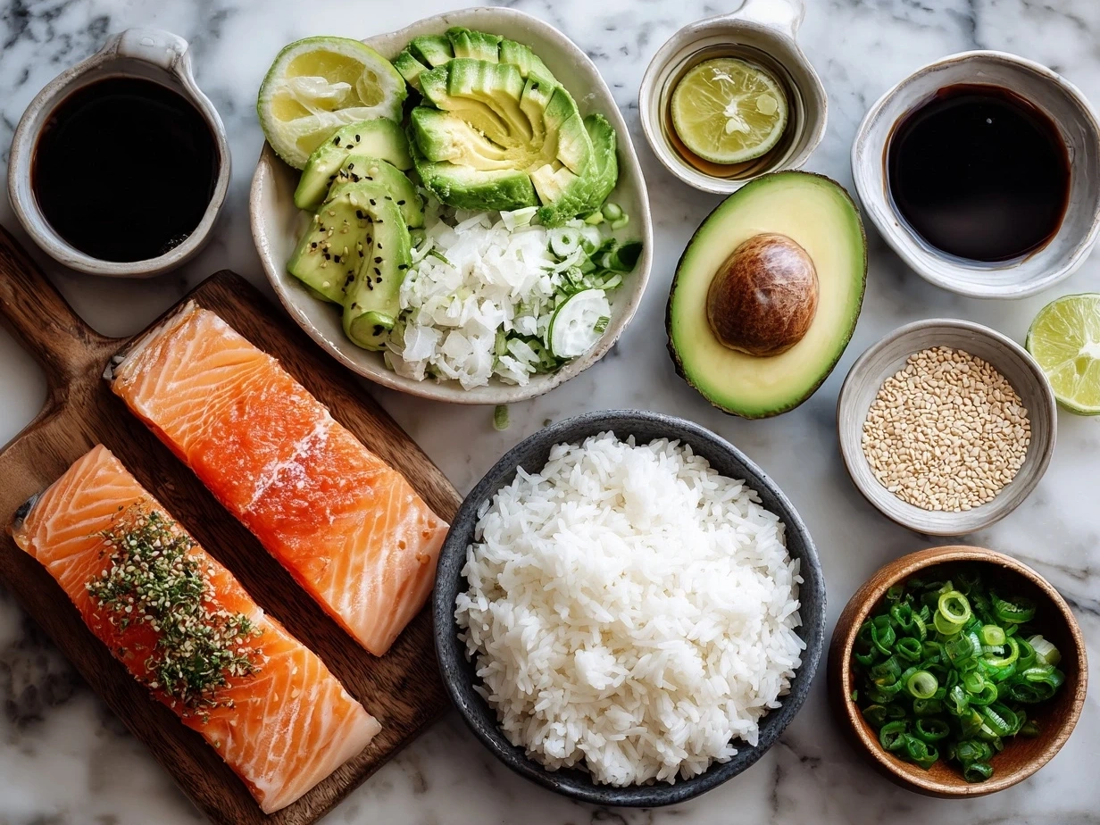 Top down view of raw ingredients for Teriyaki Salmon Avocado Rice including salmon fillets, soy sauce, brown sugar, avocado, and green onions