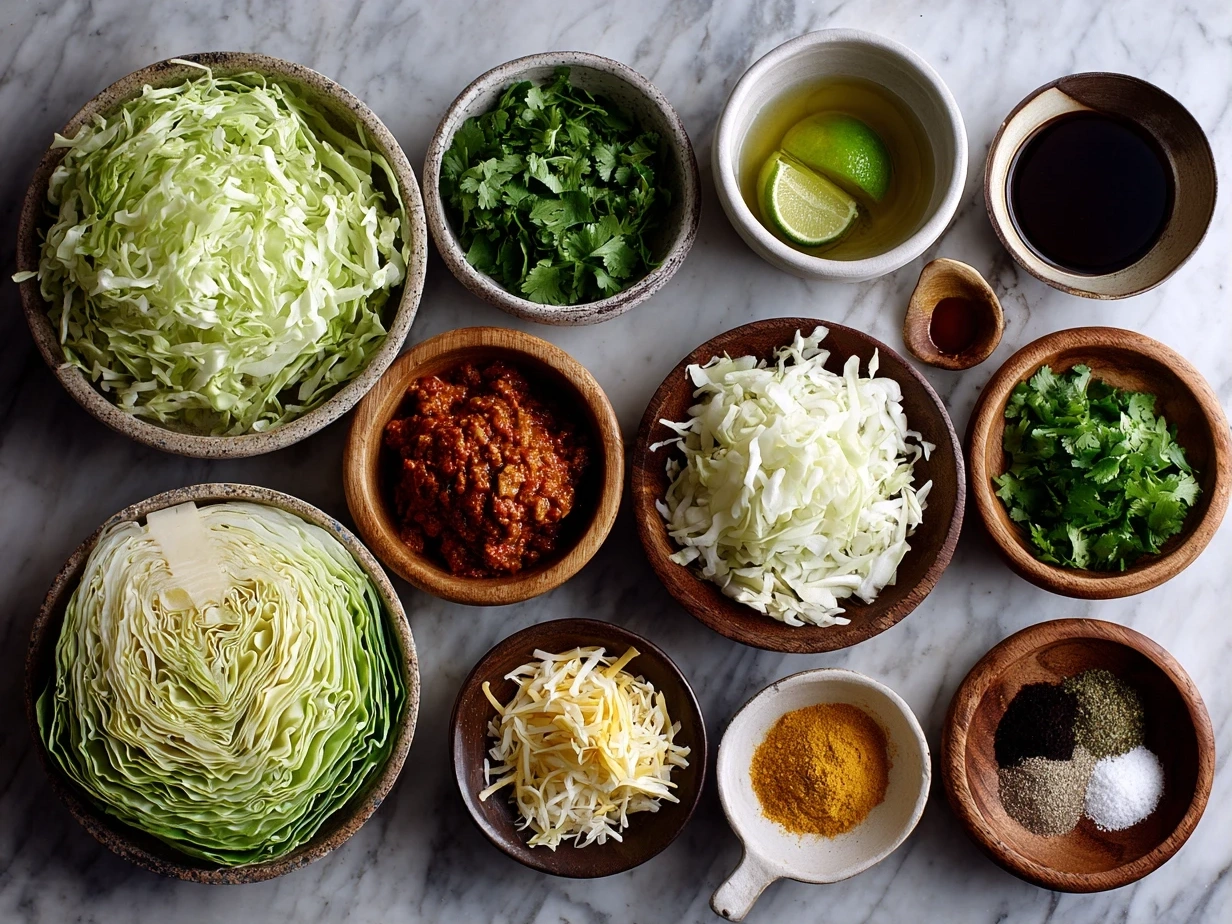 Fresh ingredients for Tex Mex Cabbage Skillet including cabbage, bell pepper, ground beef, and spices
