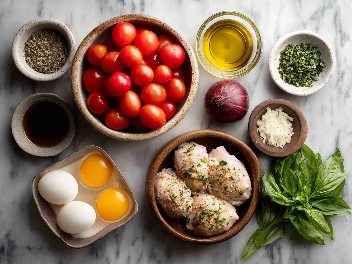 Ingredients for Tomato Basil Baked Chicken arranged on a table