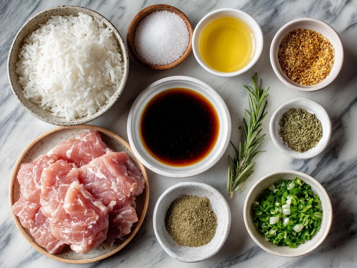Raw ingredients for Turkey Medallions with Orange Teriyaki Sauce arranged neatly on a wooden surface