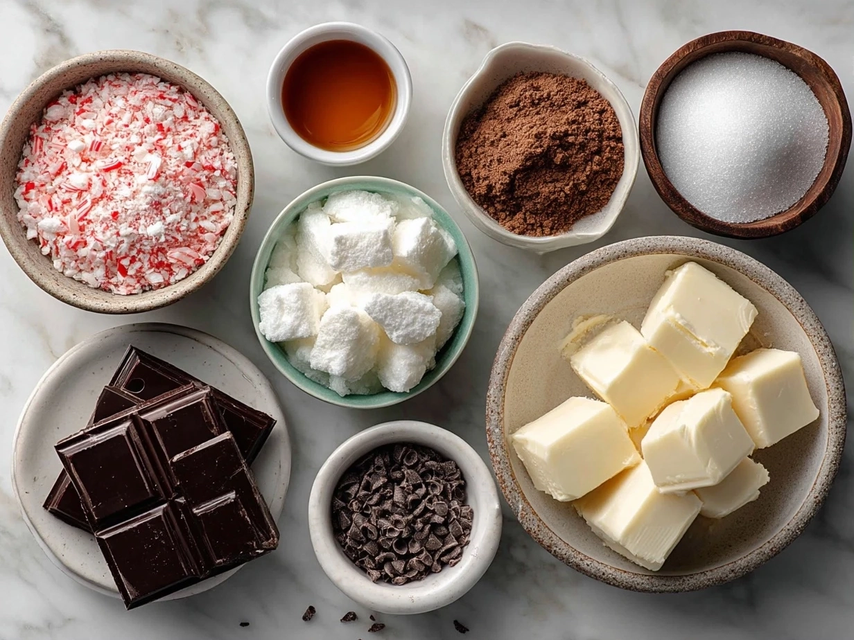 Top down shot of peppermint bark ingredients