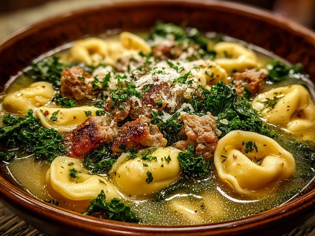A bowl of Tortellini Soup with Sausage and Kale, ready to serve