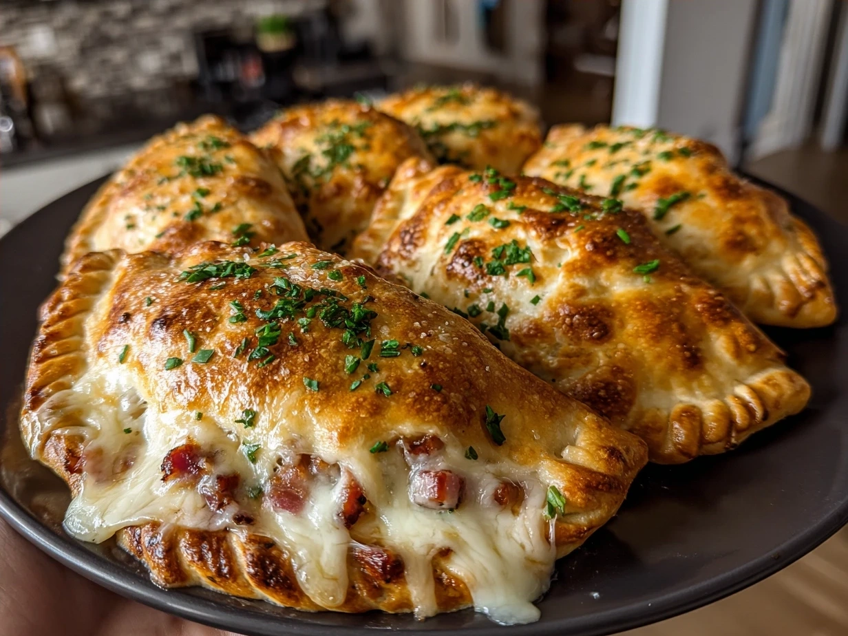 A freshly baked Touchdown Calzones with golden crust on a wooden board, ready to serve.