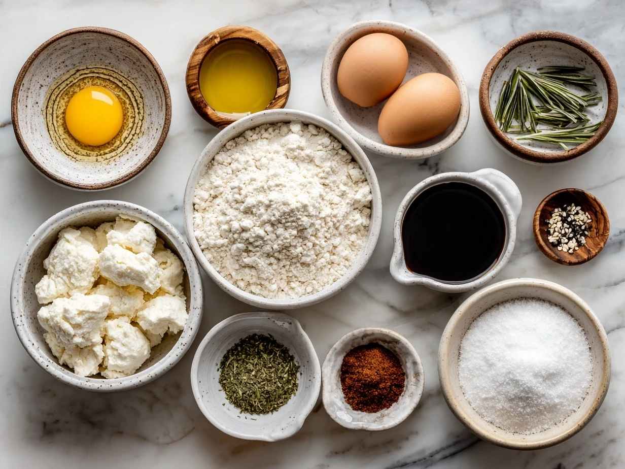 Ingredients for Touchdown Calzones arranged on a kitchen counter including cheese, dough, sauce, and spices.