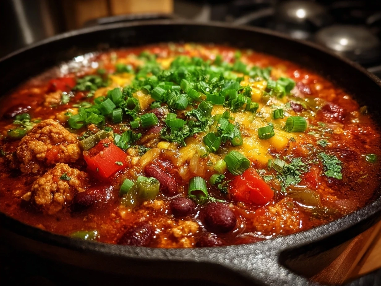 Bowl of finished Turkey Burger Chili topped with cheese and green onions