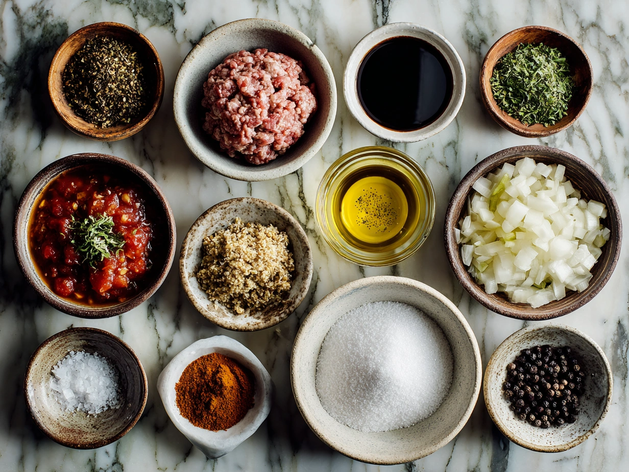 Ingredients for Turkey Burger Chili laid out including turkey, beans, tomatoes, garlic, onion, and spices
