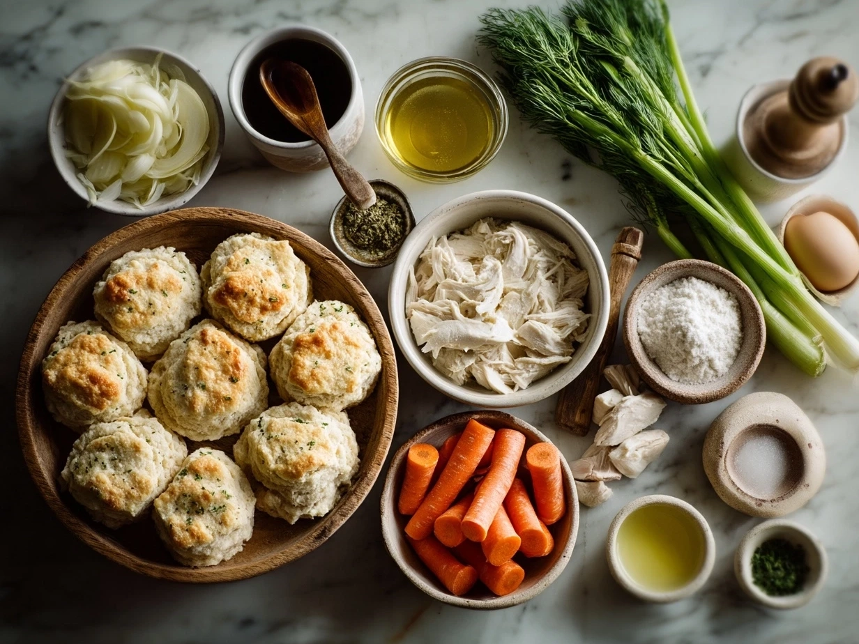 Ingredients for Turkey Pot Pie with Biscuit Topping laid out on a kitchen counter