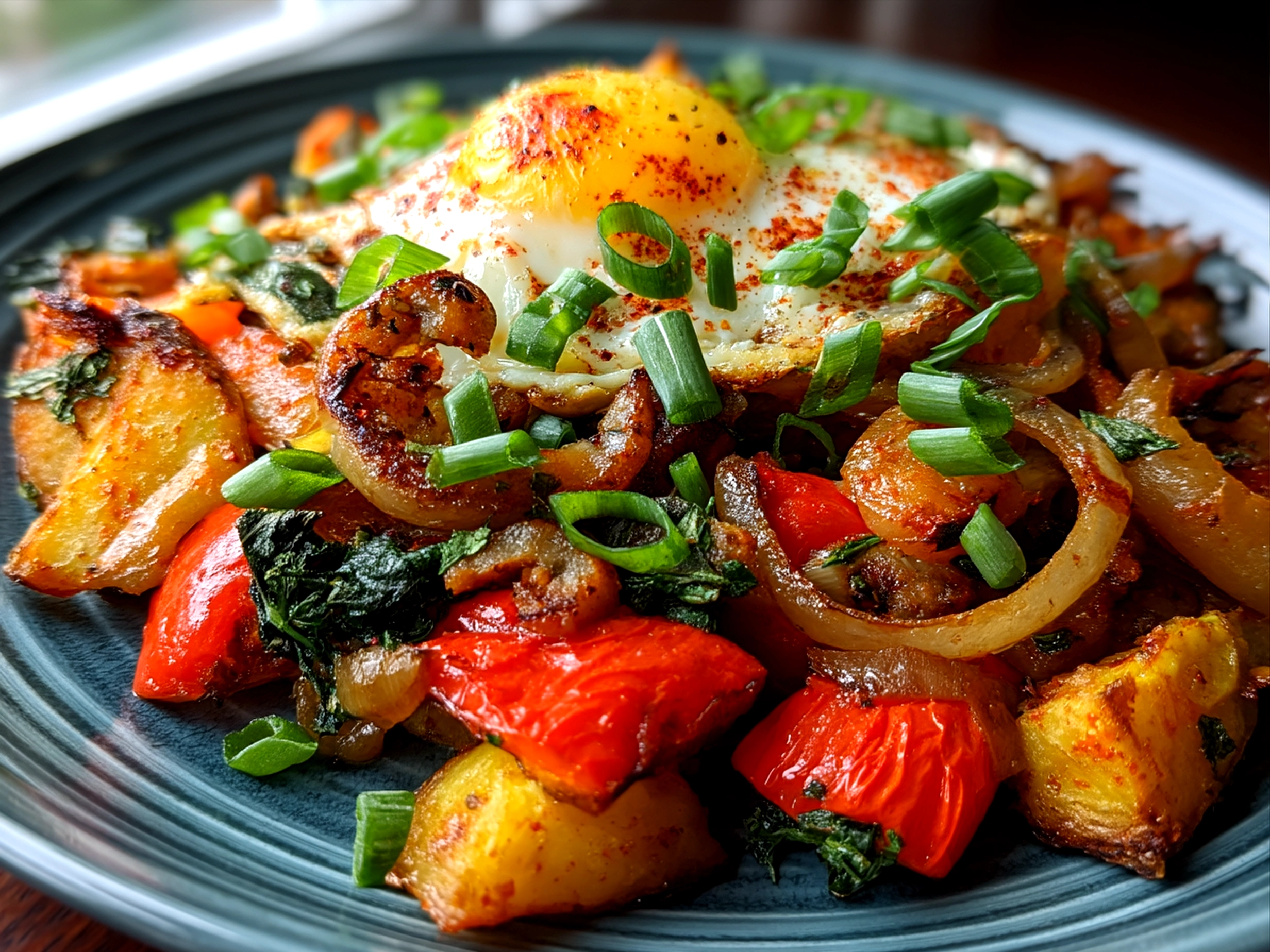 Served veggie sheet pan hash on a plate with toast and fresh herbs