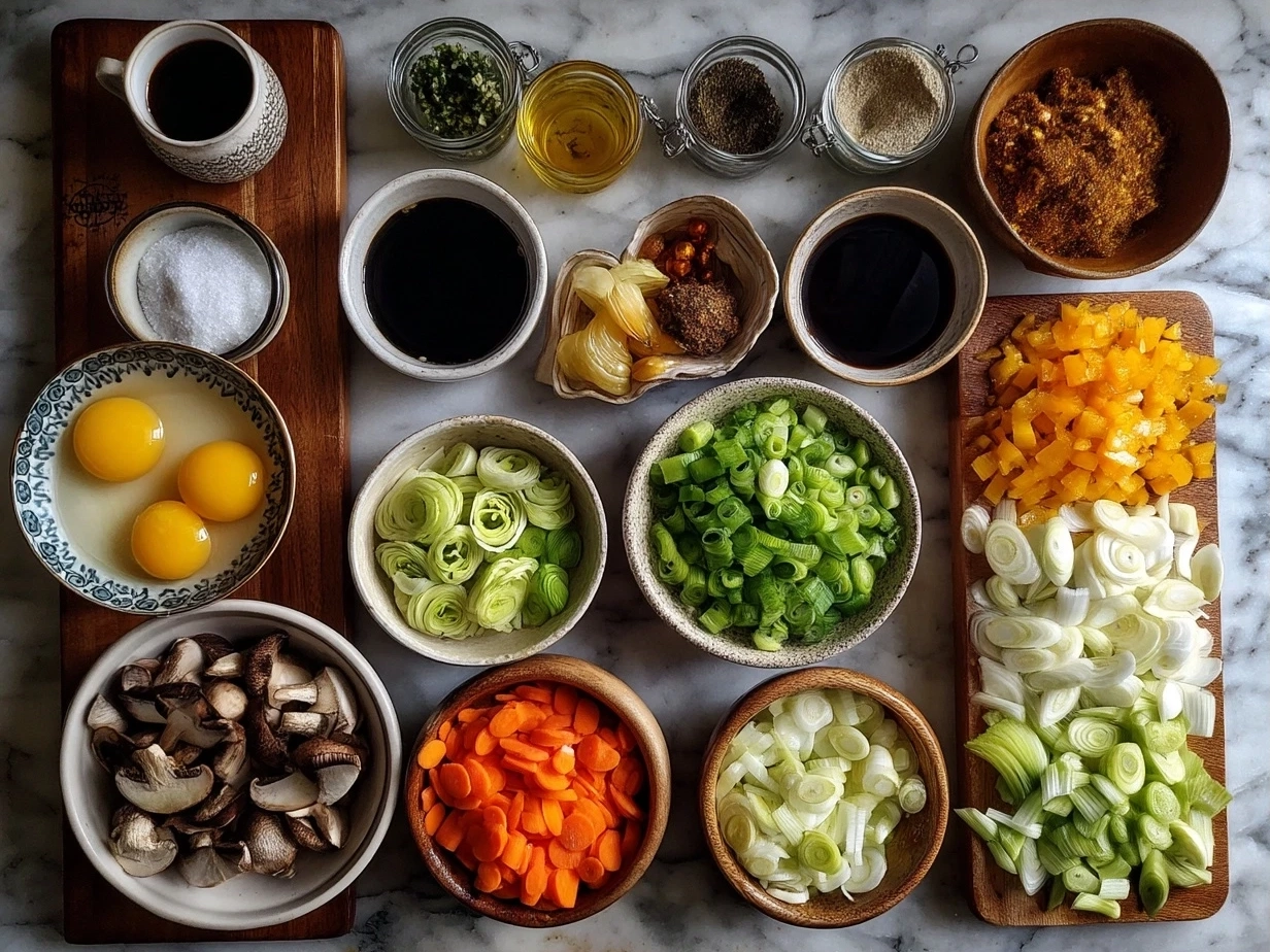 Ingredients for veggie sheet pan hash laid out on a table including potatoes, bell peppers, zucchini, onions, and spices