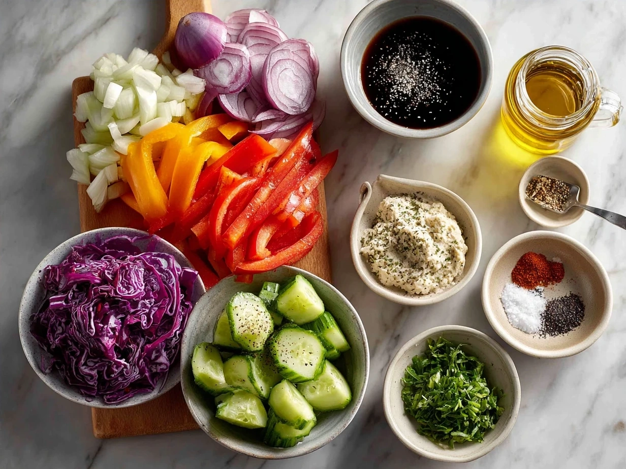 Ingredients laid out for making a fresh veggie wrap including tortillas, hummus, cucumber, carrots, bell pepper, spinach, avocado, and feta cheese.