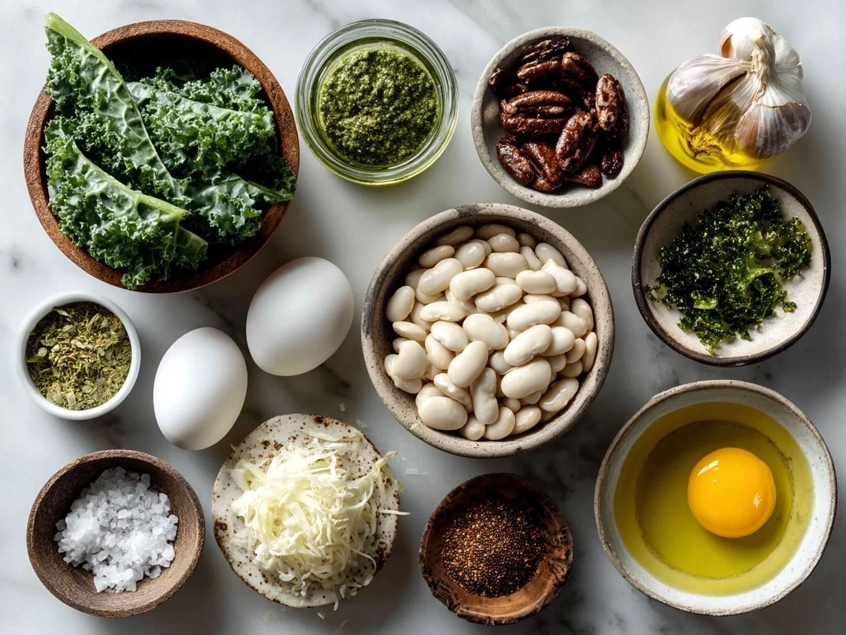 Ingredients for White Bean Kale Soup laid out on a kitchen counter
