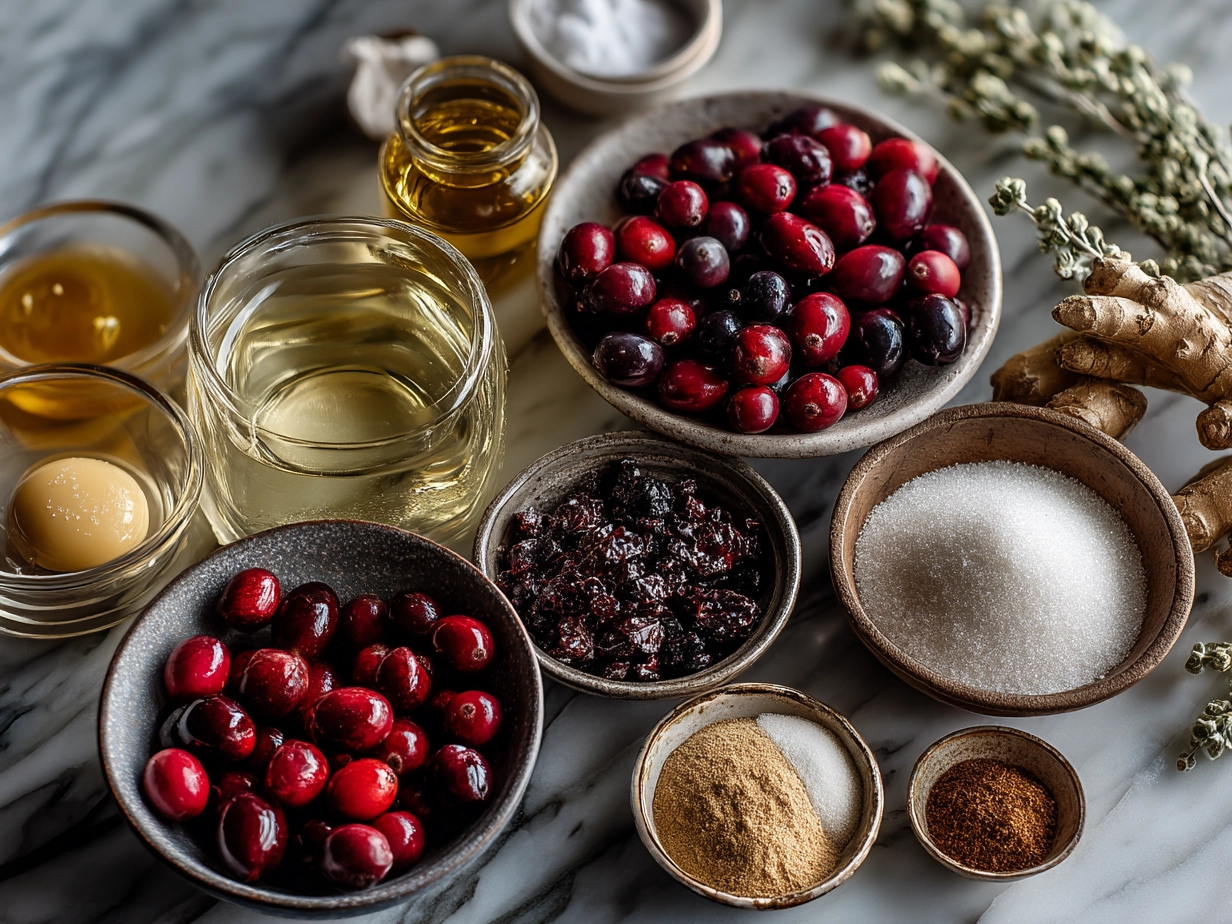 Ingredients for Winter Berry Punch including cranberry juice, mixed berries, orange juice, honey, and fresh mint