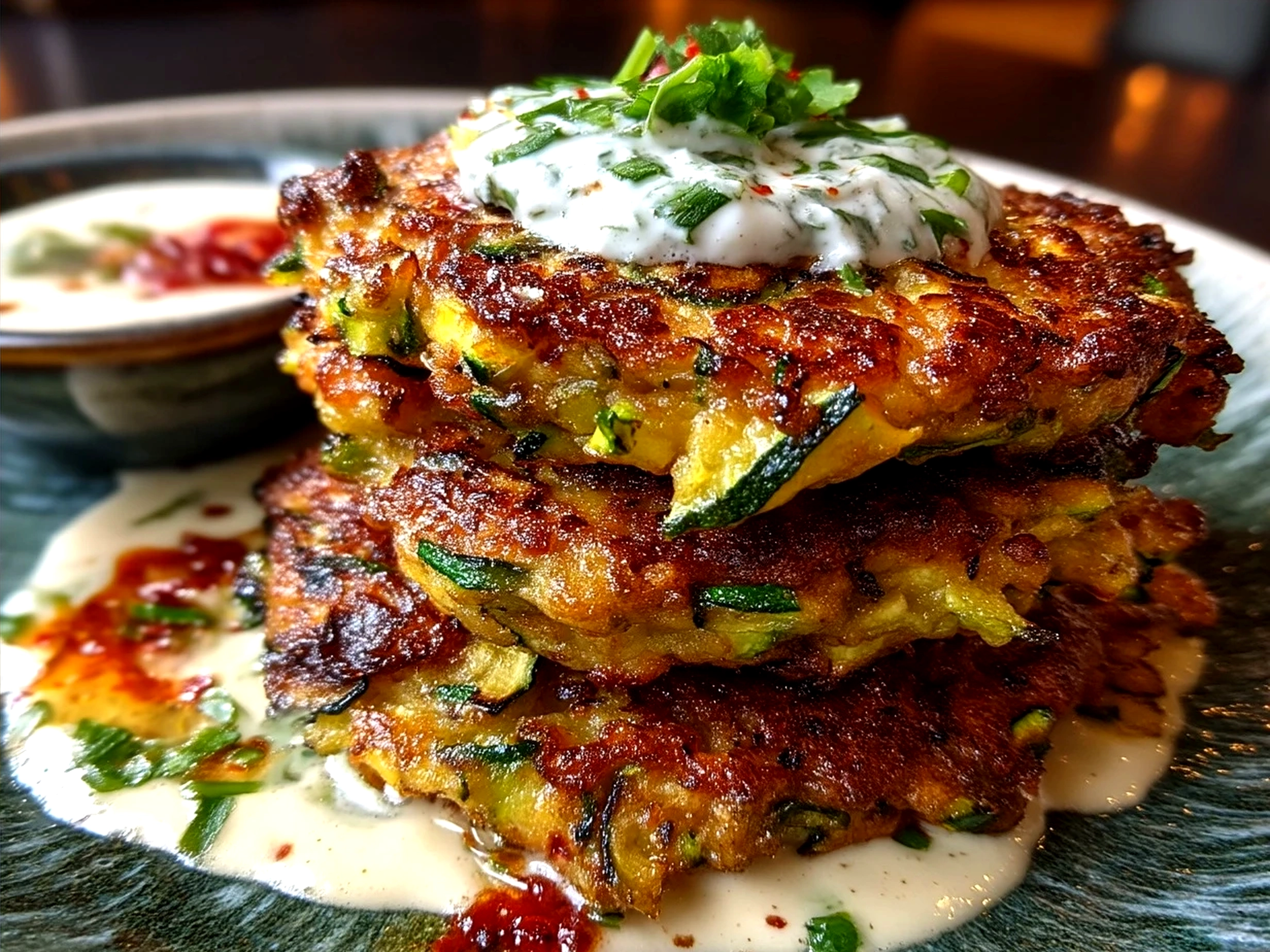 Zucchini Fritter Stack with Yogurt Sauce served on a plate