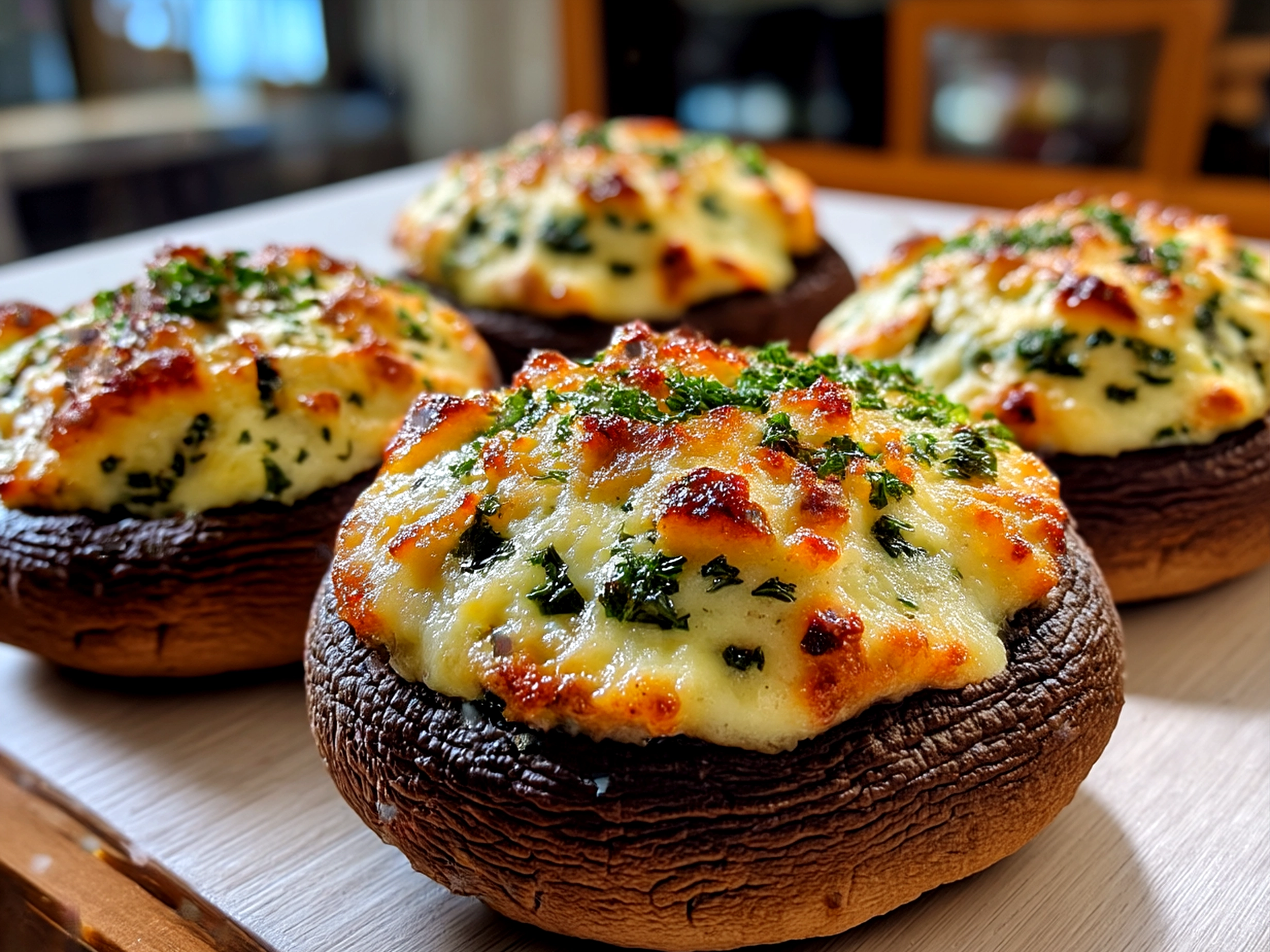 Freshly baked stuffed portobello mushrooms plated and ready to eat
