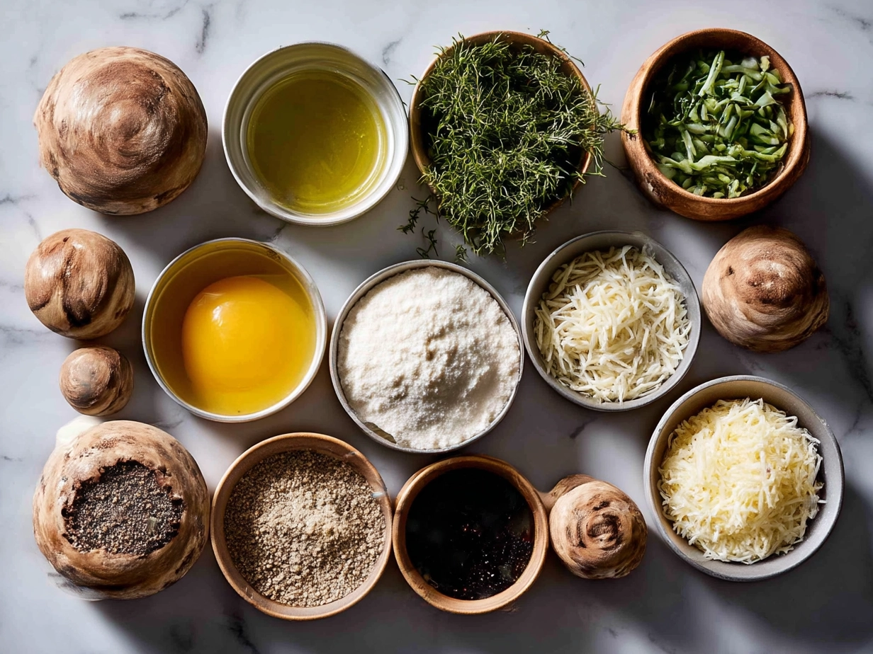 Ingredients for baked stuffed portobello mushrooms including mushrooms, cheese, spinach, and seasonings