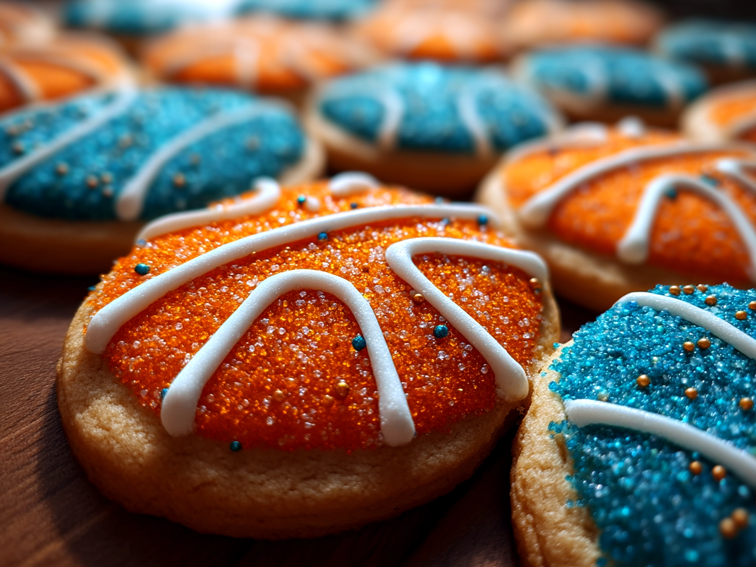 Finished Basketball Sugar Cookies decorated with orange and black icing