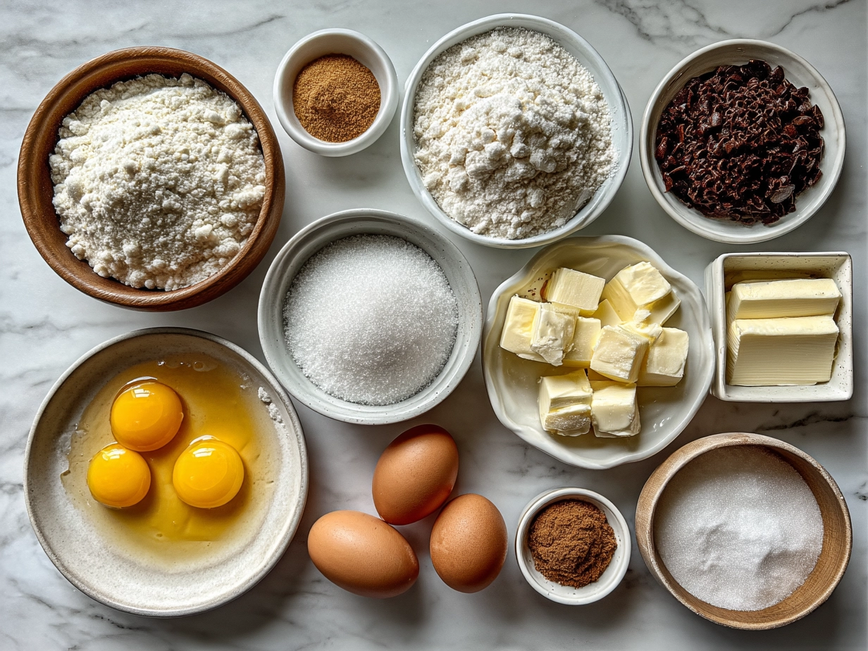 Ingredients for Basketball Sugar Cookies including flour, butter, sugar, eggs, and food coloring