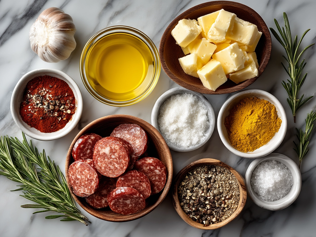 Ingredients for BBQ Sausage Bites including smoked sausage, barbecue sauce, honey, and spices