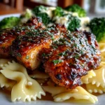 Beautiful Cowboy Butter Lemon Bowtie Chicken with Broccoli plated