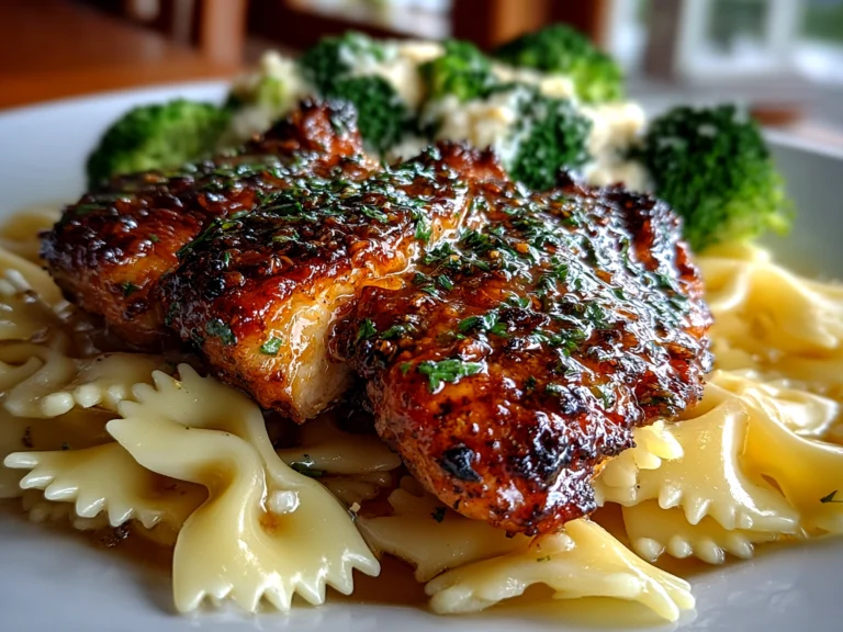 Beautiful Cowboy Butter Lemon Bowtie Chicken with Broccoli plated
