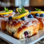 Beautiful freshly prepared blueberry lemon sourdough sweet rolls on white plate