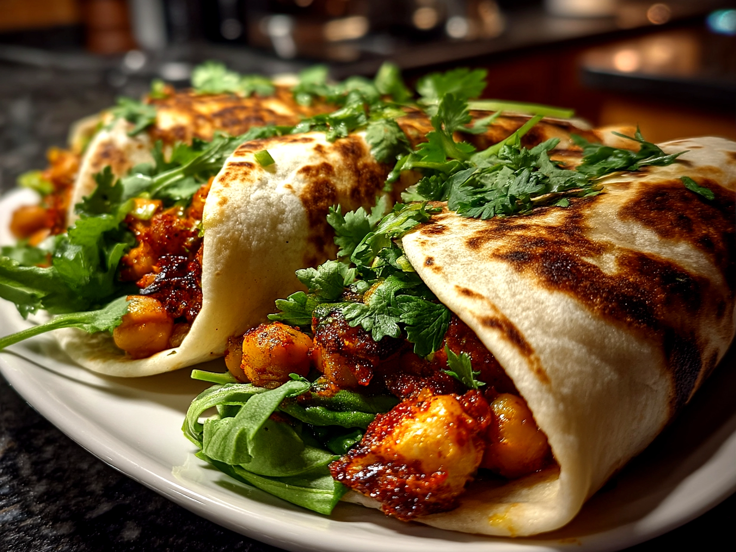 Finished Buffalo Chickpea Wraps served with fresh veggies