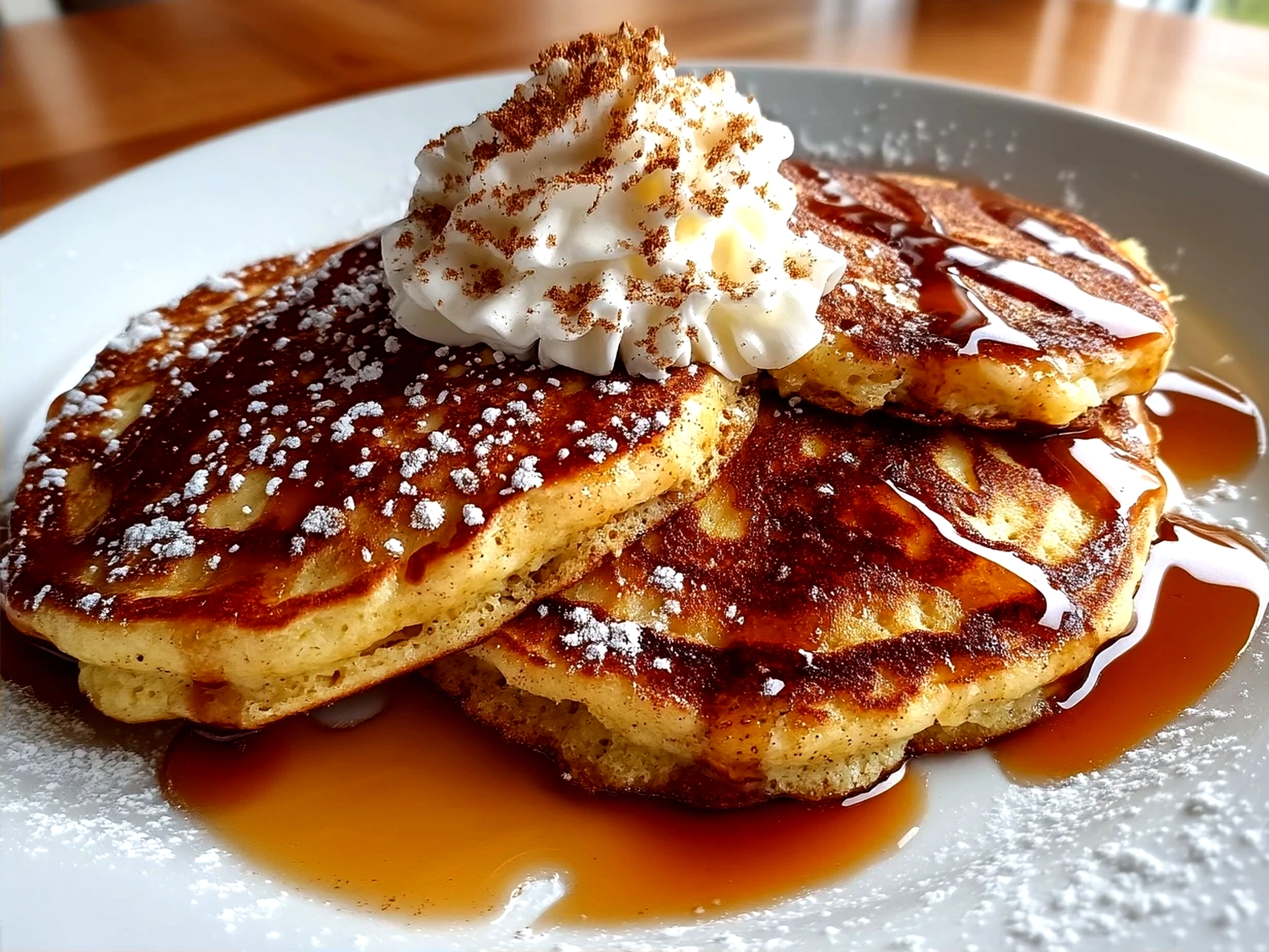 Plate of served Chai Spiced Pancakes with maple syrup and butter