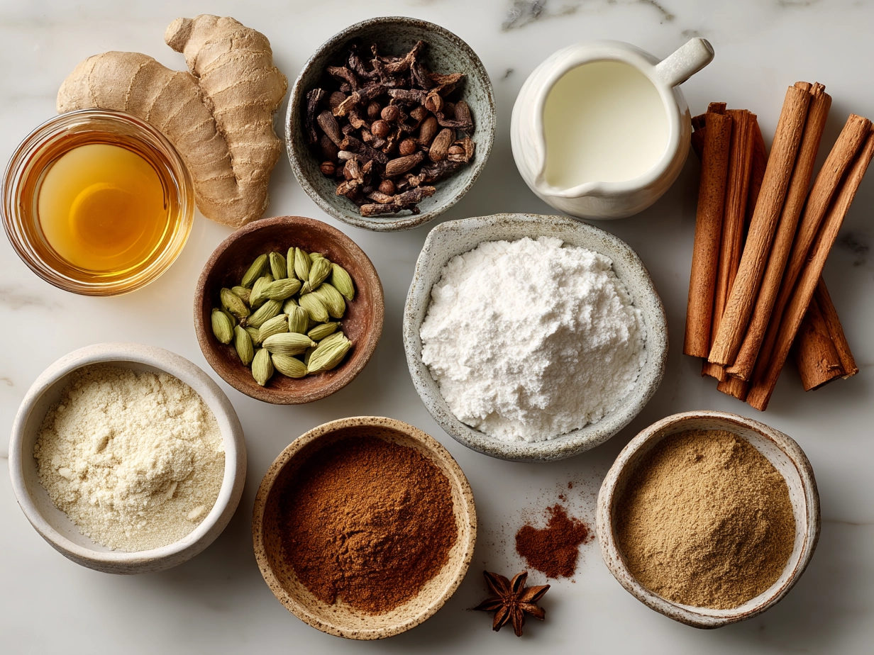 Ingredients for Chai Spiced Pancakes including flour, spices, milk, egg, and butter