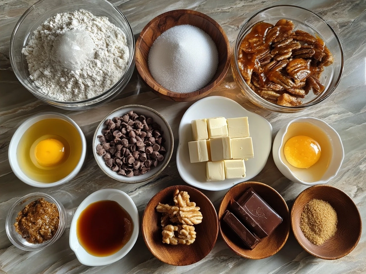 Ingredients for Chocolate Chip and Toffee Shortbread Cookies laid out on a table