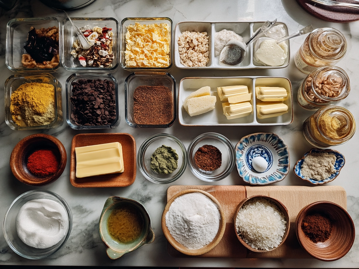 Ingredients for Christmas Rice Crispy Treats laid out on a kitchen counter