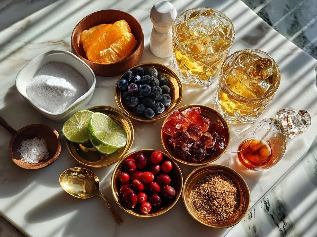 Ingredients for Cranberry Aperol Spritz Cocktail including prosecco, Aperol, cranberry juice, club soda, fresh cranberries and ice cubes