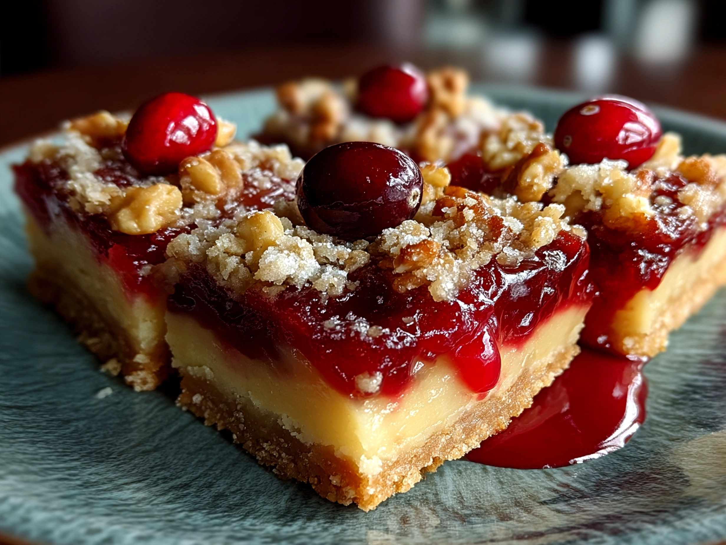 A plate of Cranberry Curd Bars with Walnut Shortbread Crust served and ready to eat