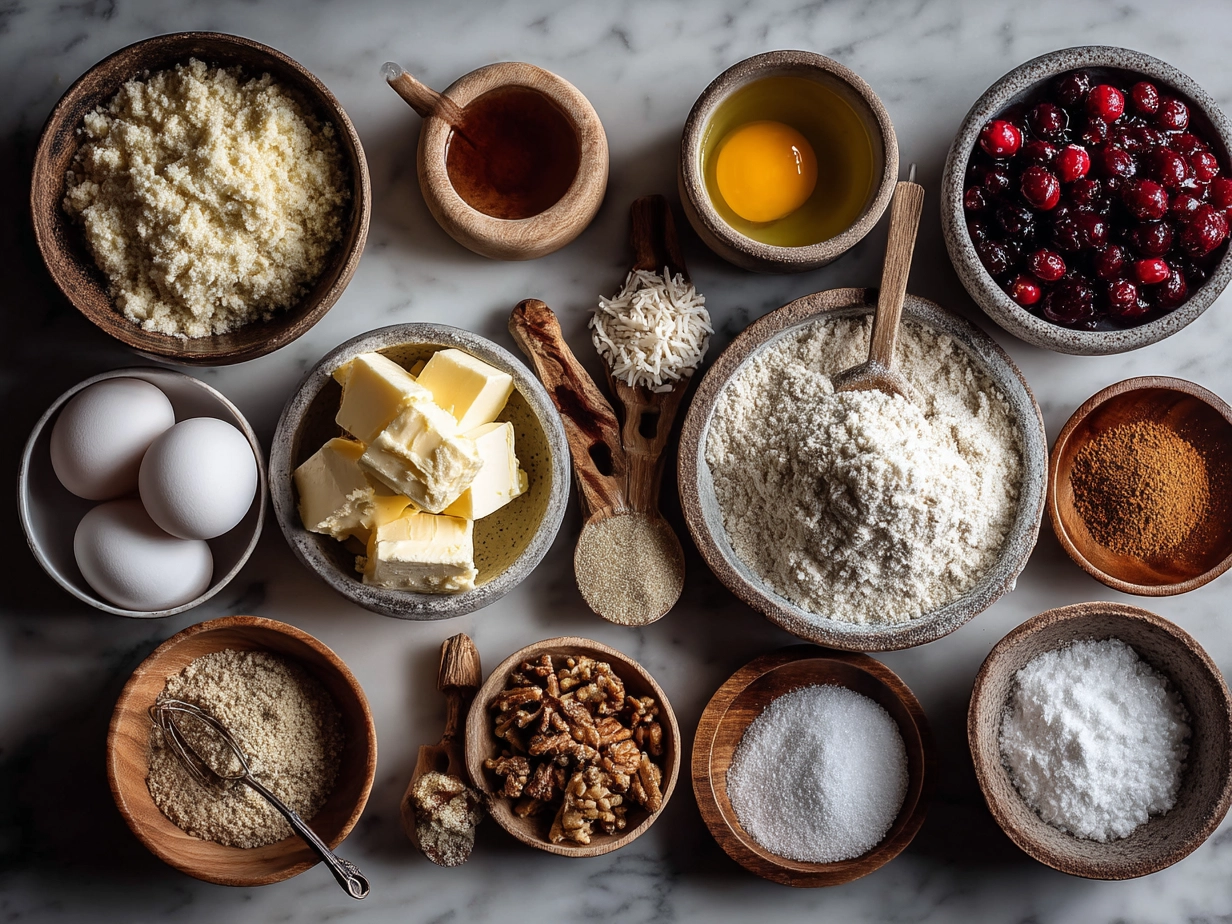 Ingredients for Cranberry Curd Bars with Walnut Shortbread Crust including flour, walnuts, powdered sugar, butter, sugar, eggs, orange, and cranberries