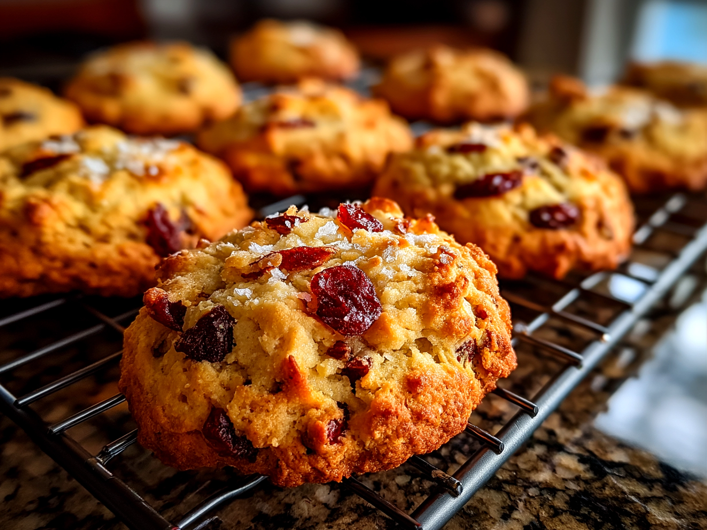 Freshly baked Cranberry Orange Cookies stacked on a wooden board ready to serve