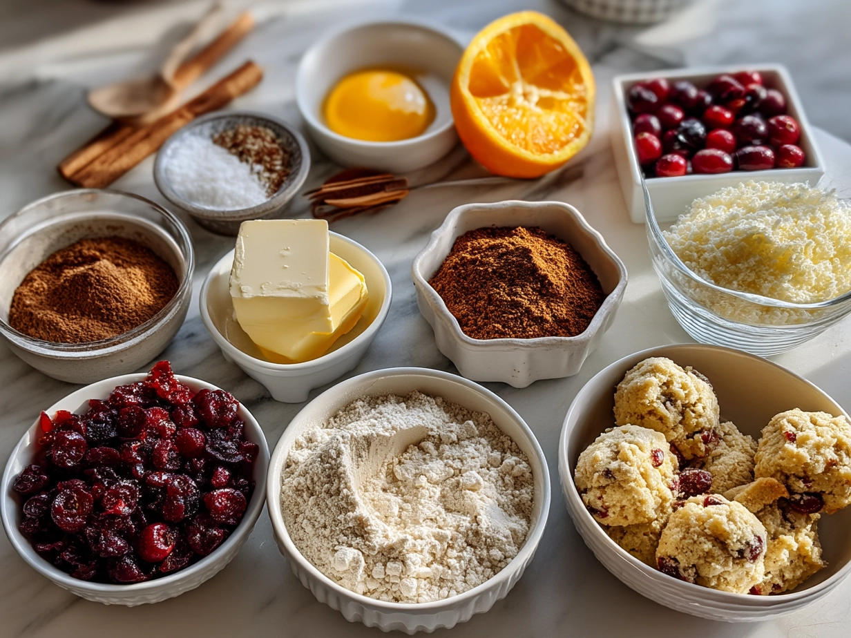 Ingredients for Cranberry Orange Cookies laid out including flour, sugar, butter, dried cranberries, and oranges