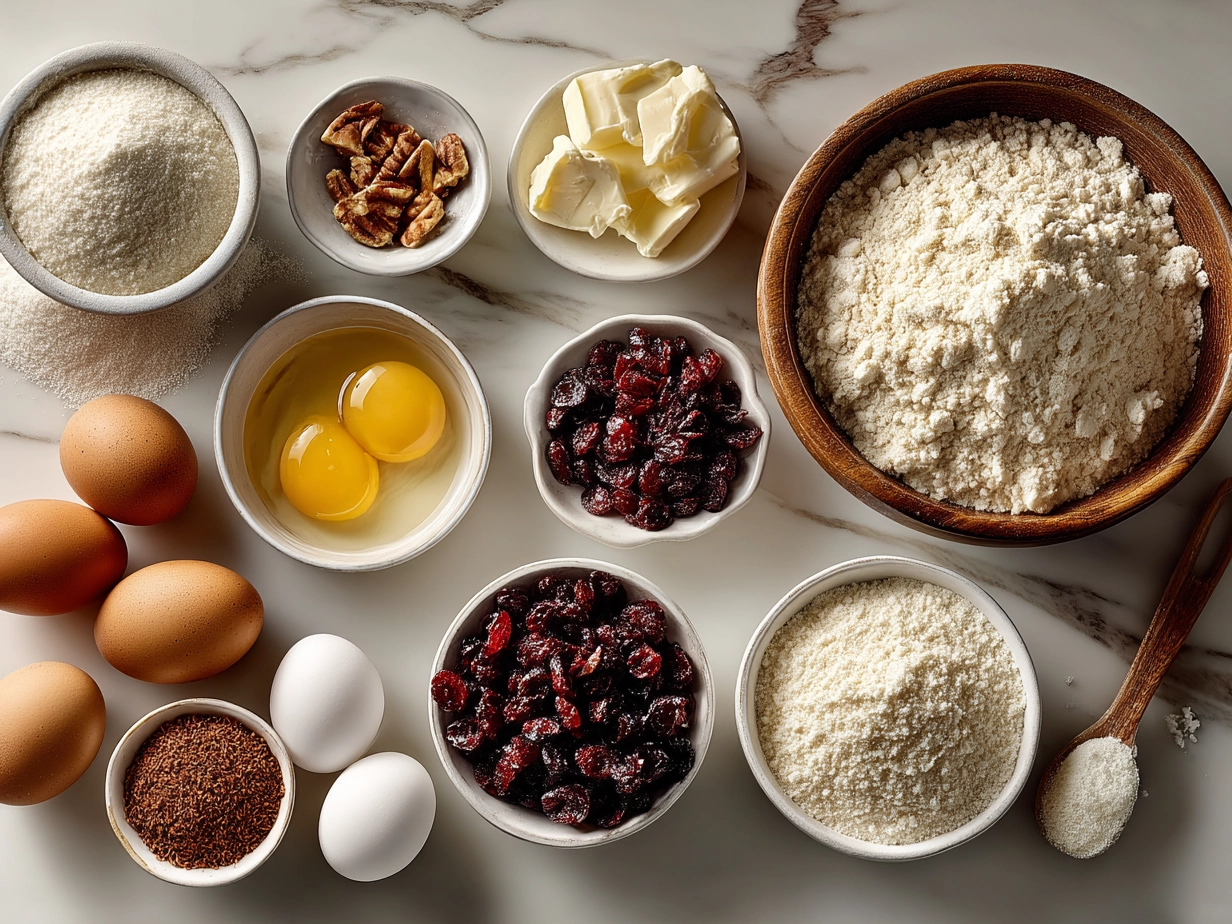 Ingredients for Cream Cheese Cranberry Muffins including flour, sugar, cranberries, cream cheese, and eggs