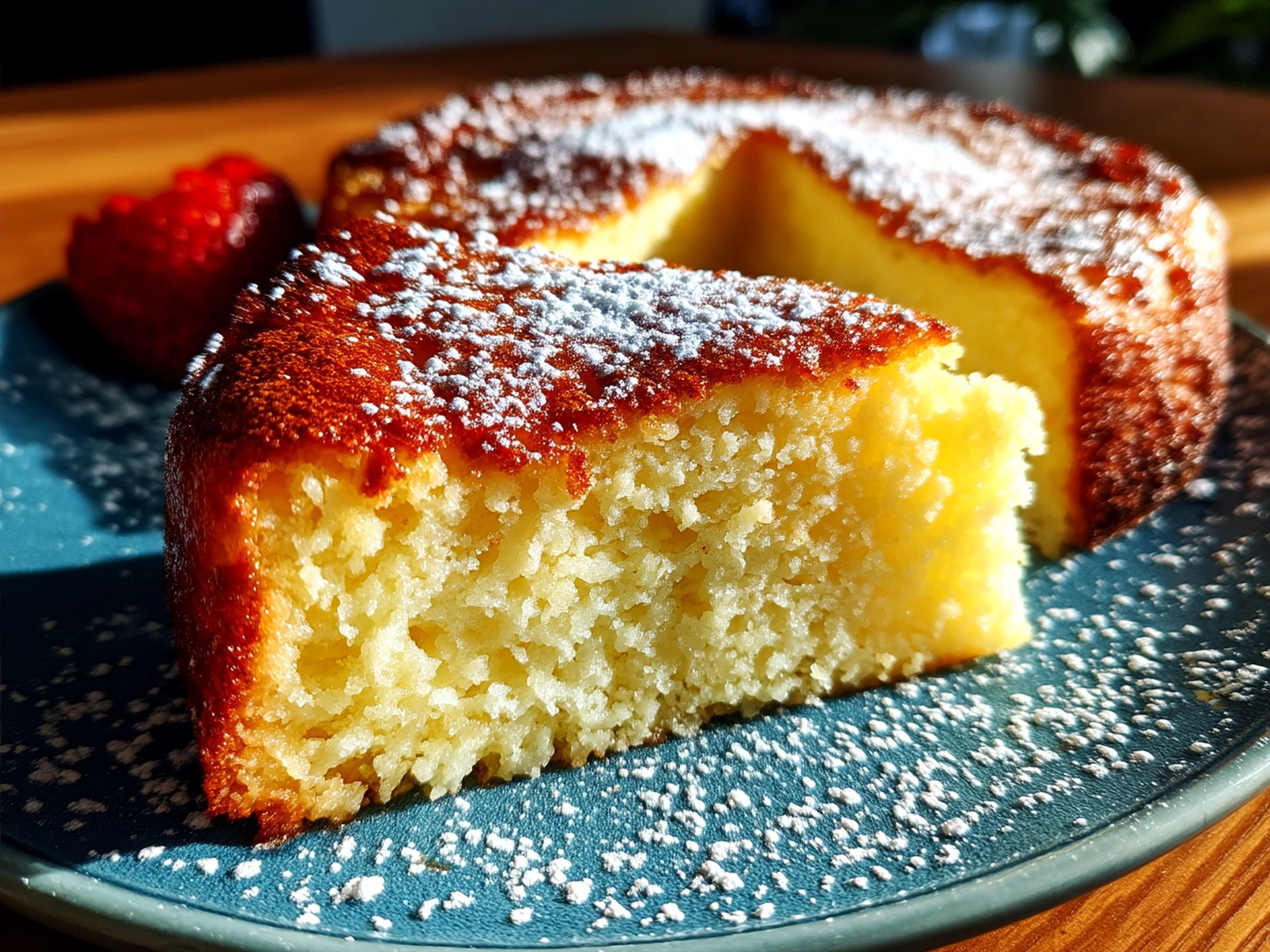 A slice of Flourless Yogurt Cake served with fresh berries on a plate