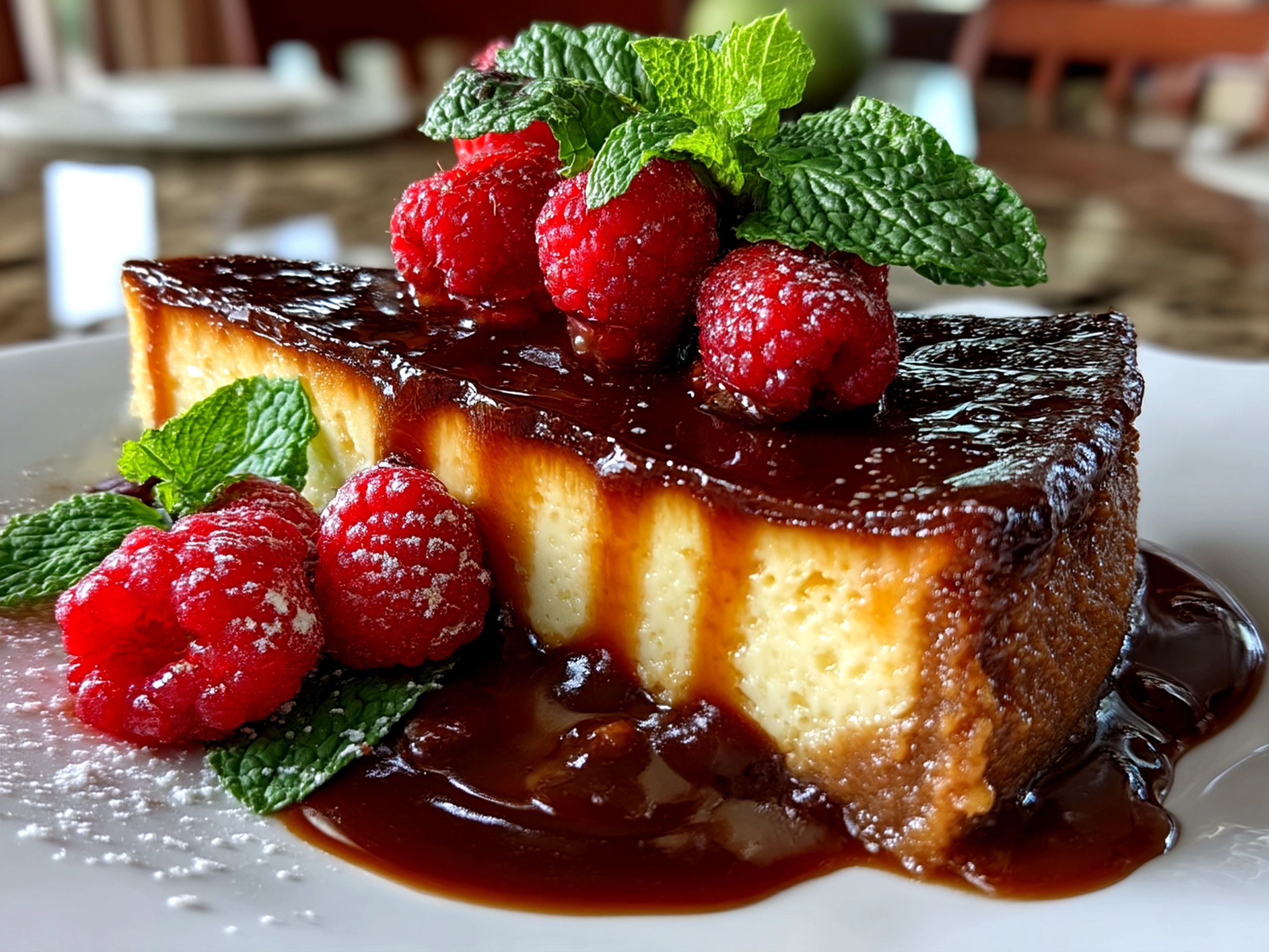 French Chocolate Flan served with berries and whipped cream