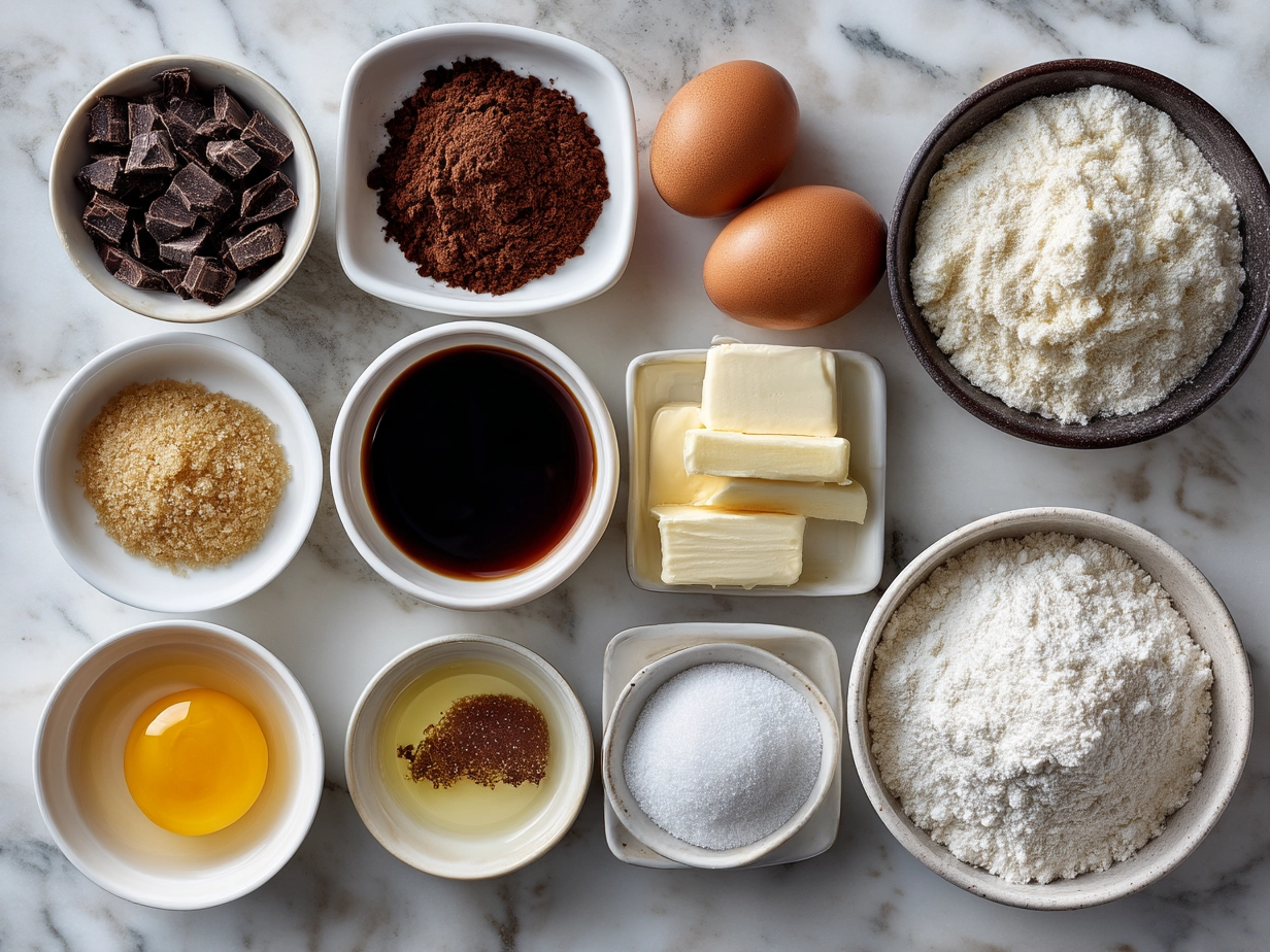 Ingredients for French Chocolate Flan on a wooden table