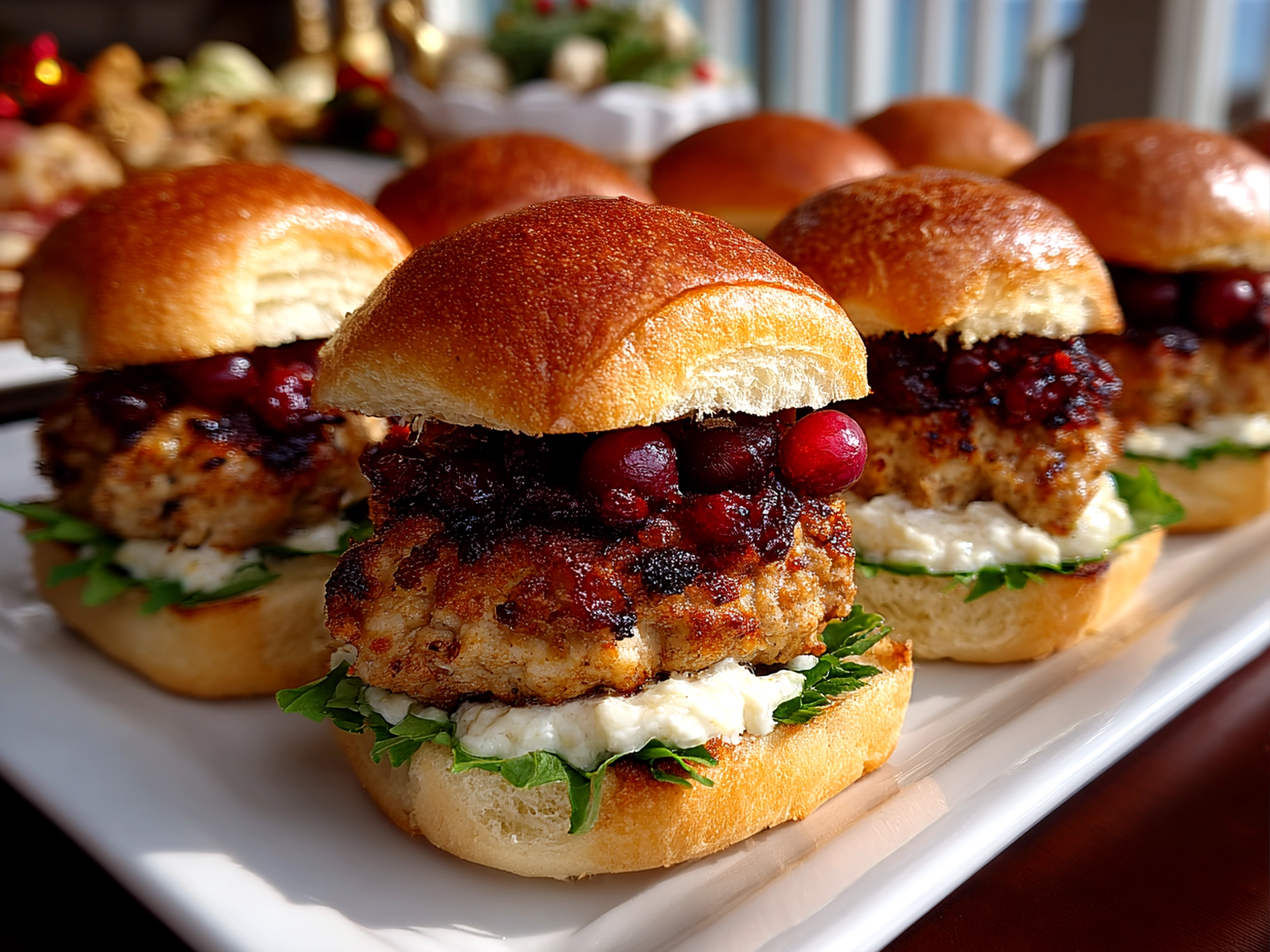 Freshly prepared cranberry turkey sliders on white plate