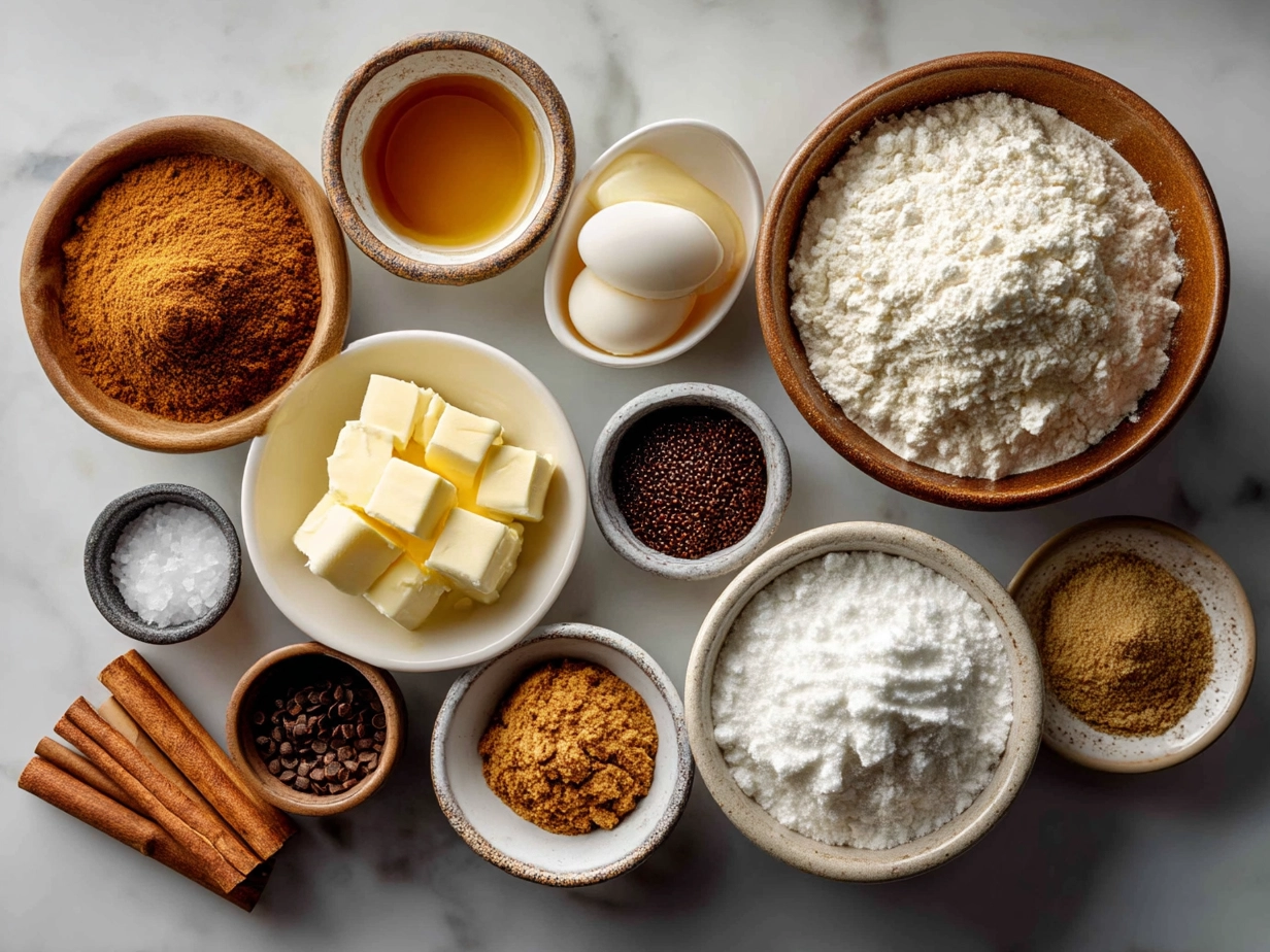 Ingredients for Gingerbread Men Cookies including flour, spices, butter, and molasses