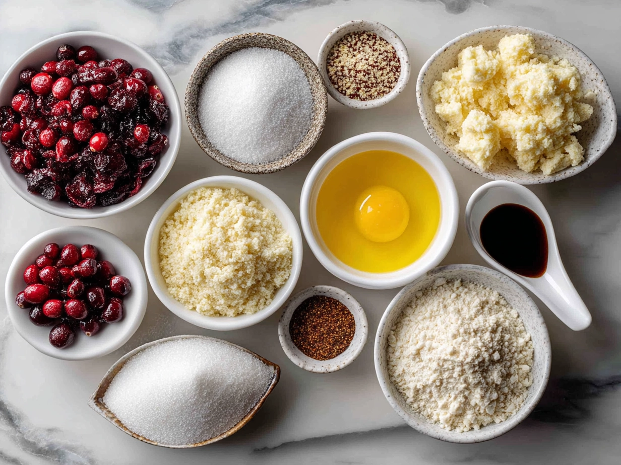 Ingredients for Keto Cranberry Orange Shortbread including almond flour, butter, erythritol, orange zest, and dried cranberries