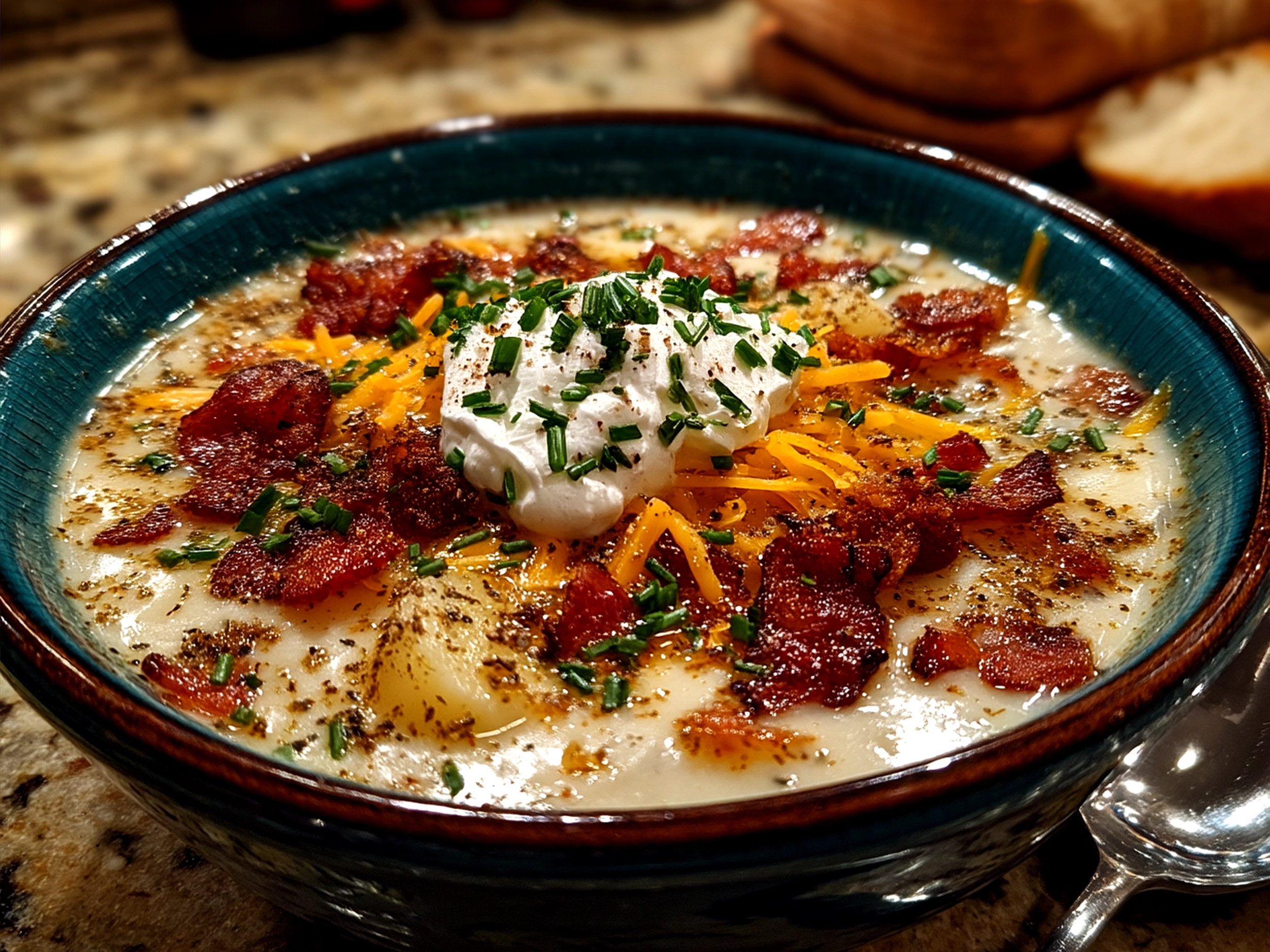 Bowl of creamy Loaded Potato Soup garnished with green onions and bacon